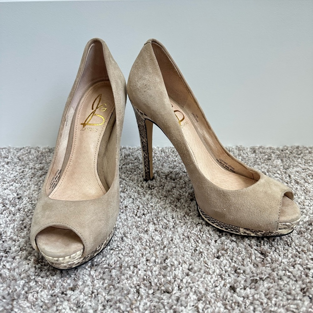 Joan & David Suede Snake Print Open Toe Pumps Heels